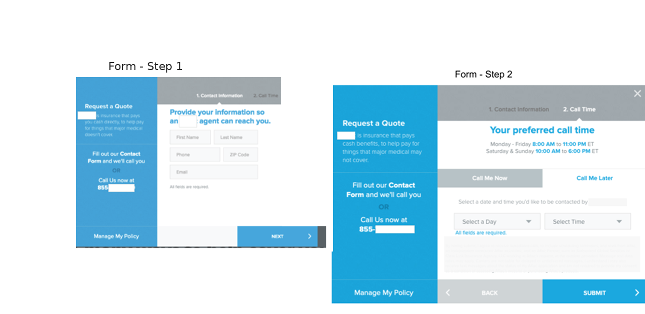 Anonymized two-step lead form concept showing contact info and call timing screens